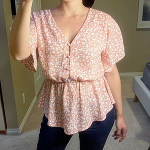SIENNA SKY Anthropologie Pink Blouse, Floral Print, Short Sleeve
